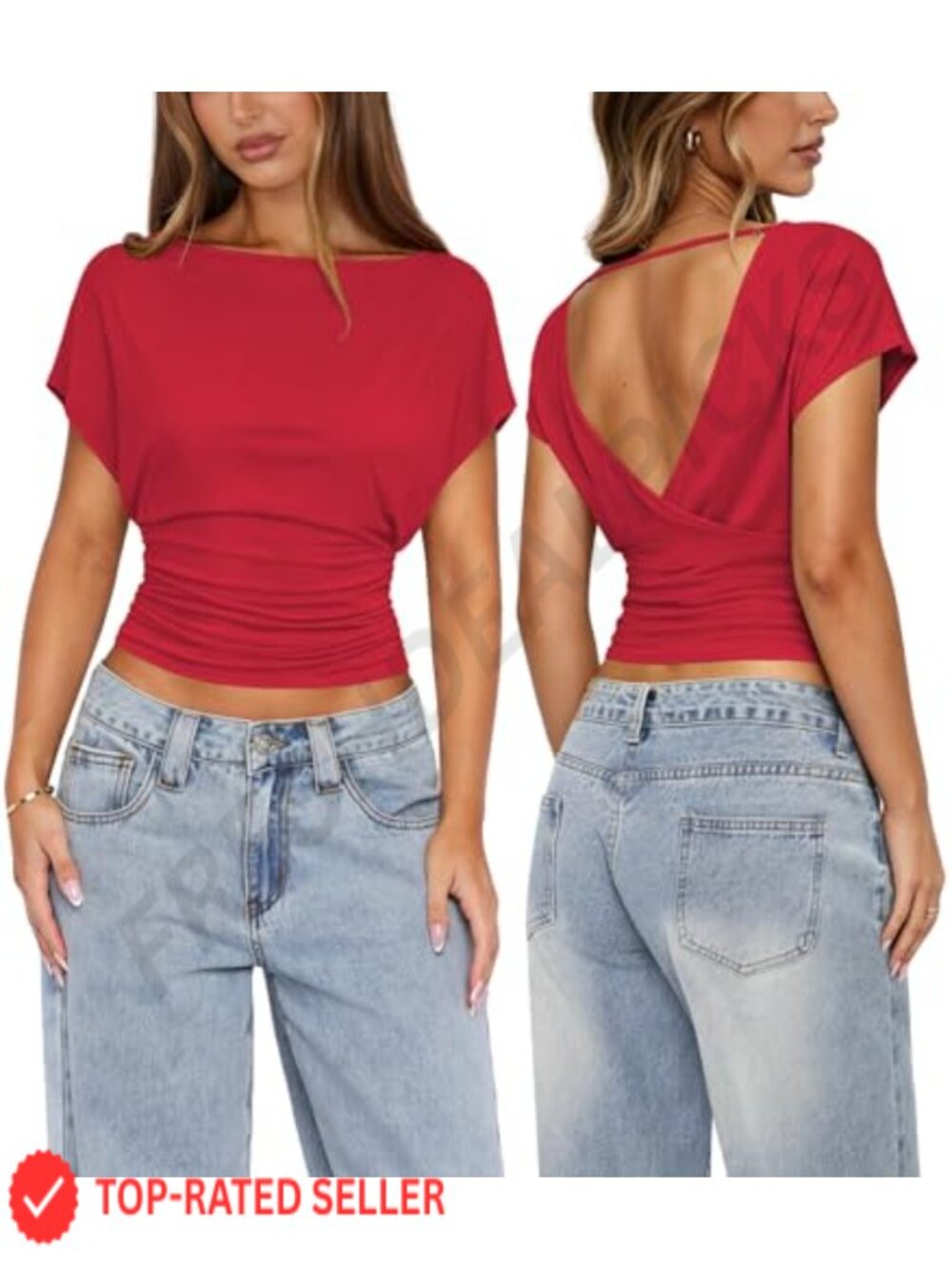 Ruched Cinched Waist Backless Crop Top Modal Knit Batwing Sleeve Blouse